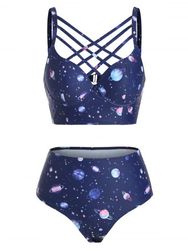 Planet Print Push Up High Waist Bikini Swimsuit - DARK SLATE BLUE