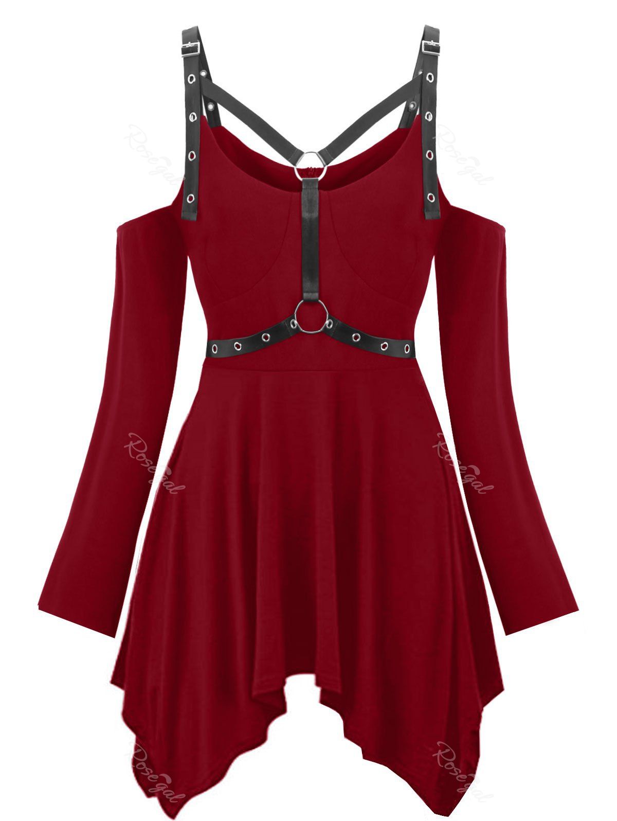 

Plus Size Halloween Cold Shoulder Harness Gothic T-shirt, Red wine
