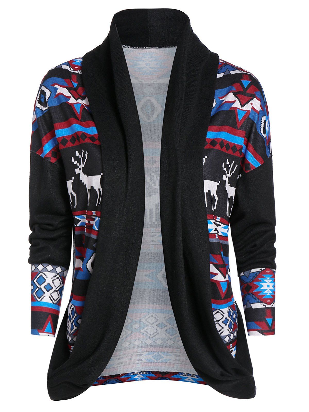 

Christmas Tribal Print Open Front Drop Shoulder Cardigan, Black
