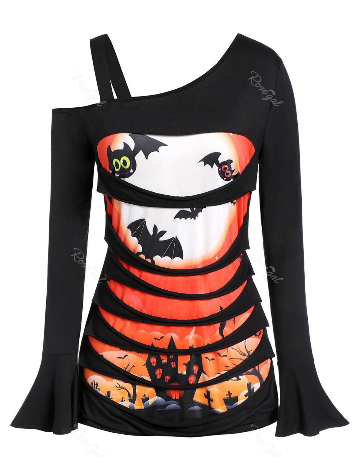 

Plus Size Ripped Pumpkin Bat Print Skew Neck Halloween T-shirt, Black