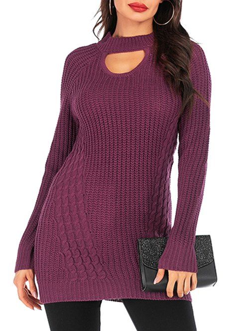 

Cable Knit Cutout Raglan Sleeve Tunic Sweater, Purple