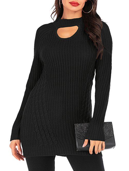 

Cable Knit Cutout Raglan Sleeve Tunic Sweater, Black