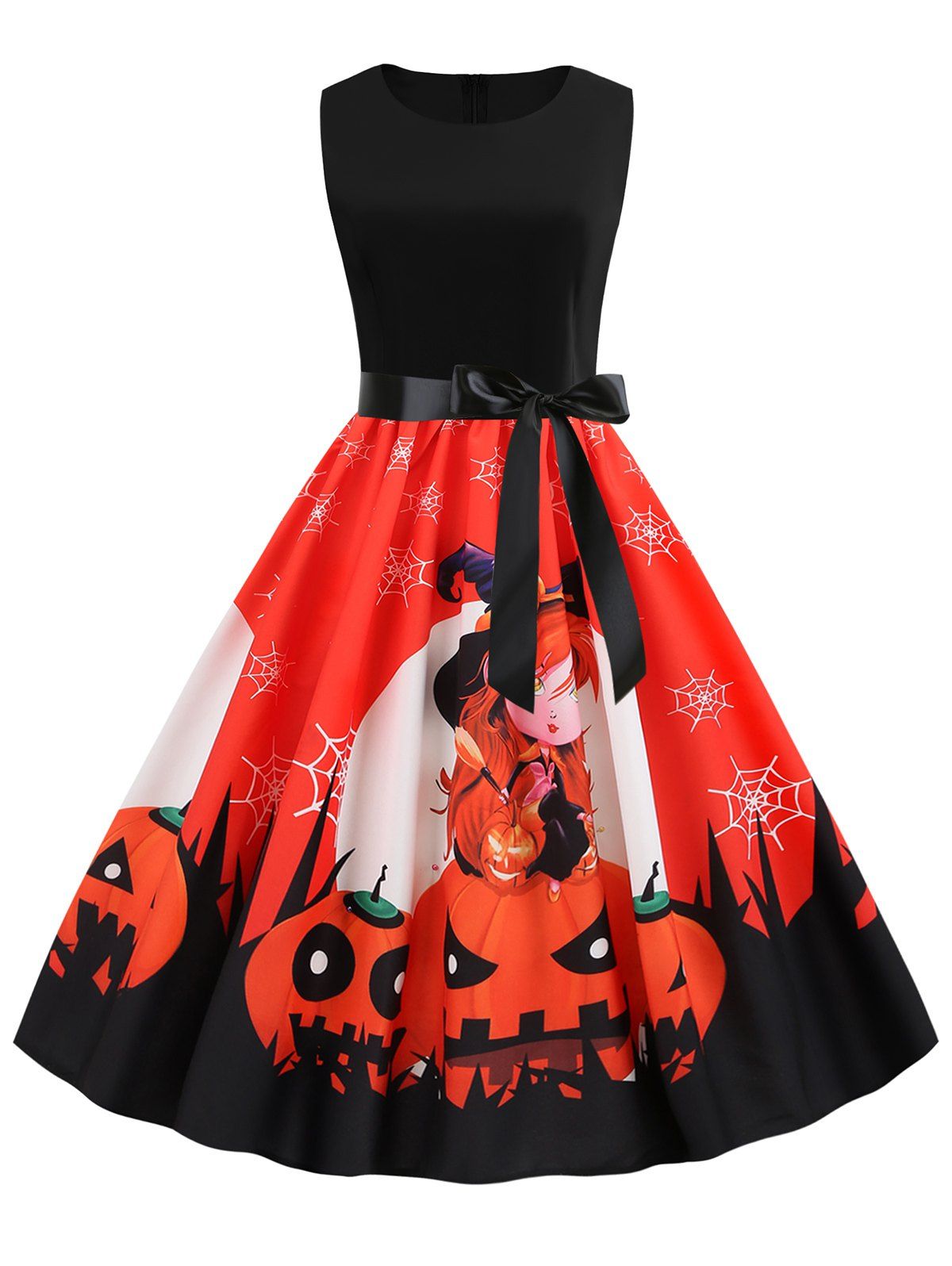 

Halloween Pumpkin Spider Web Print Belted Dress, Orange salmon