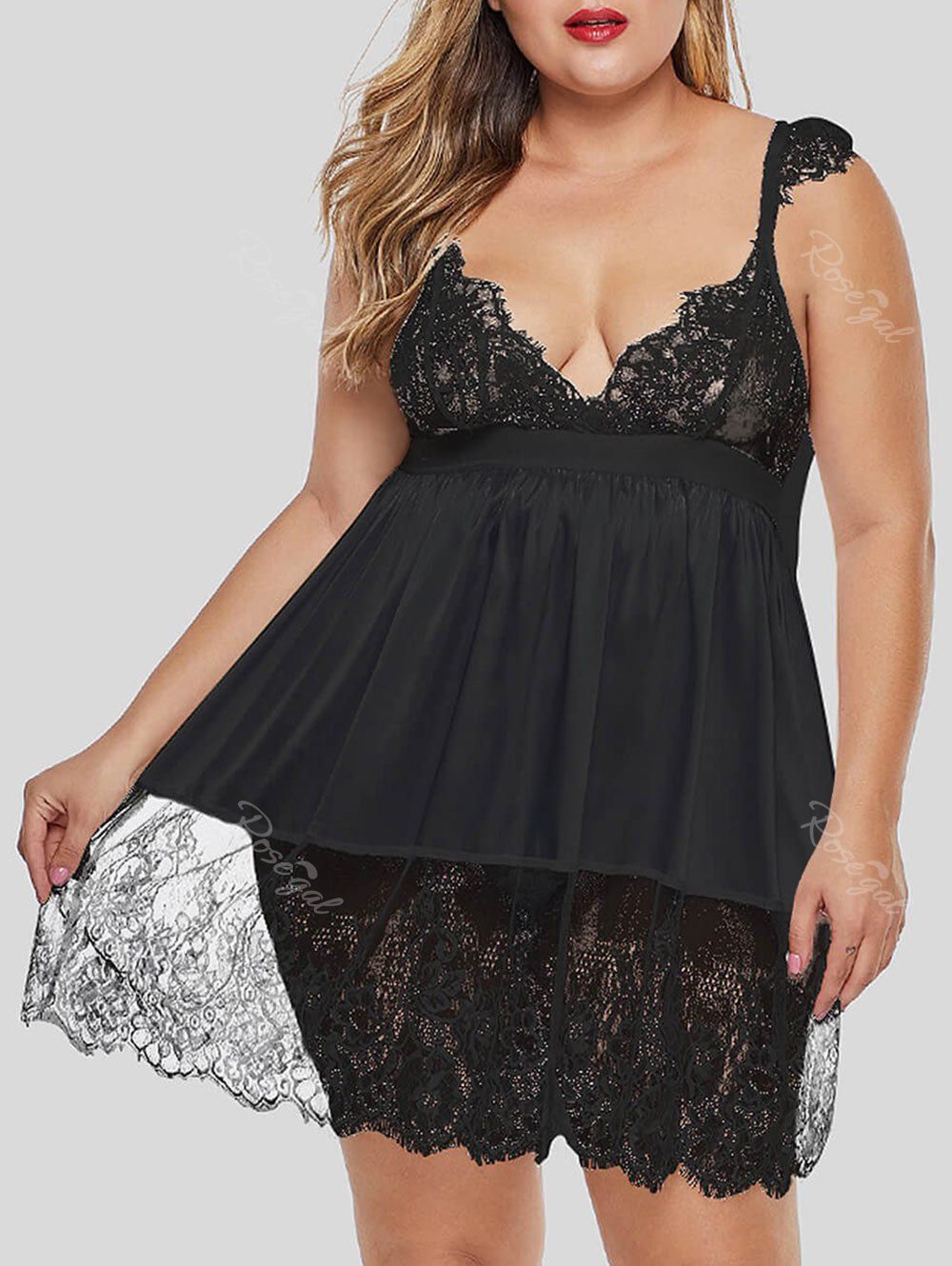 

T Back Eyelash Lace Panel Satin Lingerie Plus Size Babydoll, Black