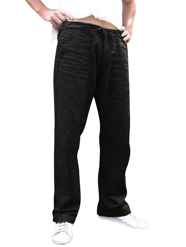

Plain Drawstring Casual Straight Pants, Black