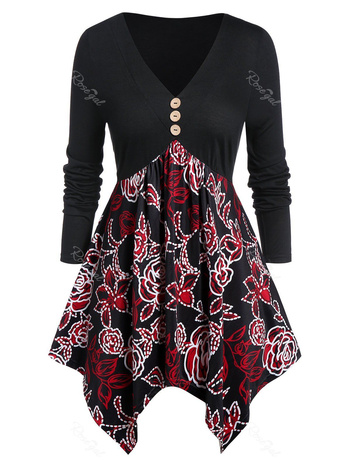 

Plus Size Floral Print Buttons Hanky Hem T-shirt, Black