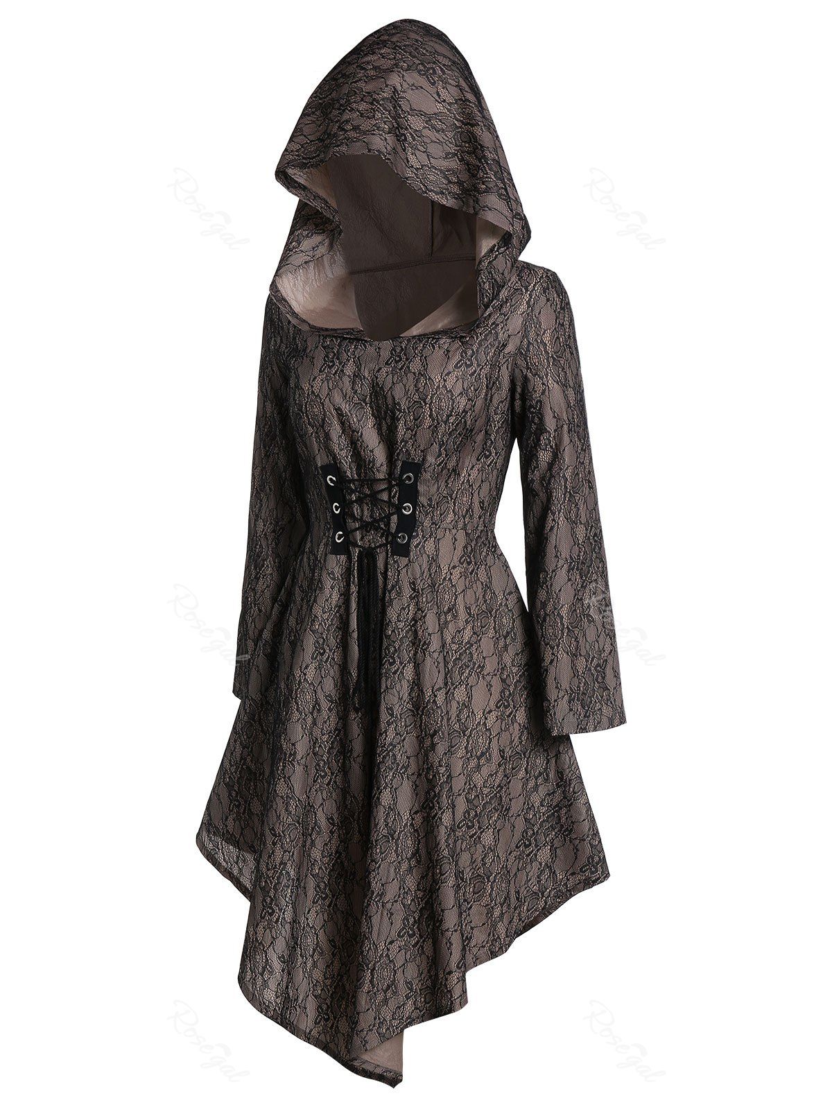 

Plus Size Asymmetrical Lace Up Hooded Punk Dress, Black