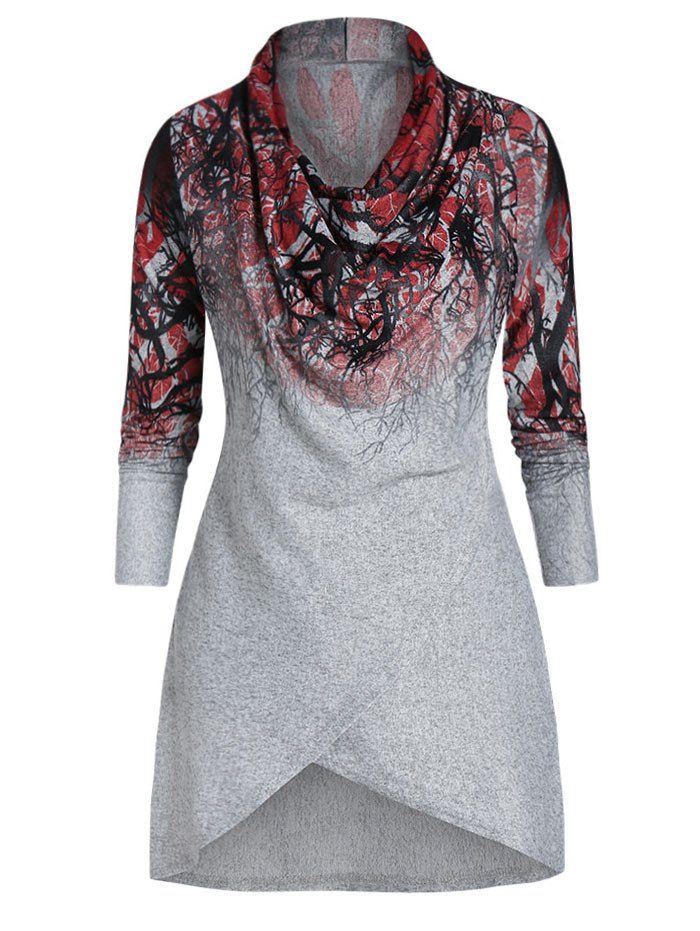 

Long Sleeve Cowl Neck Printed T Shirt, Gray cloud