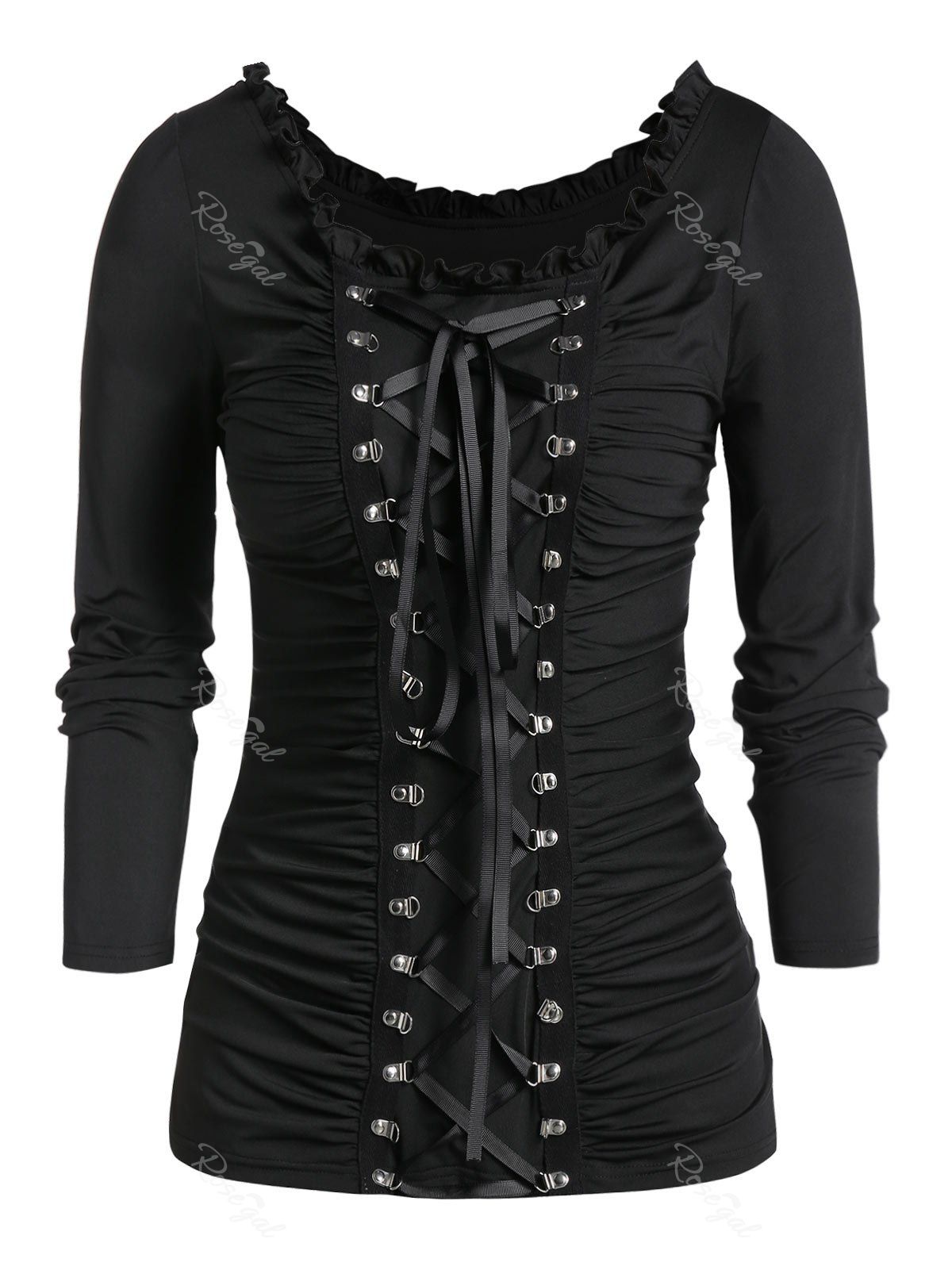 Plus Size Long Sleeve Lace Up Ruched T Shirt, Black