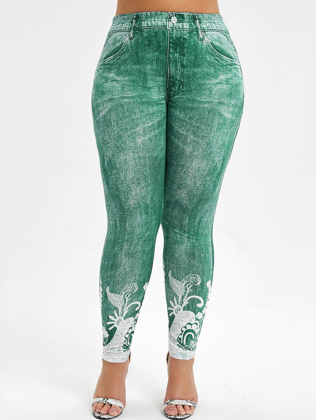 

High Waisted 3D Printed Plus Size Jeggings, Green