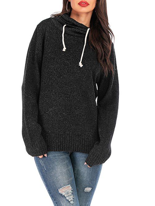 

Cowl Neck Drawstring Knit Boyfriend Sweater, Black