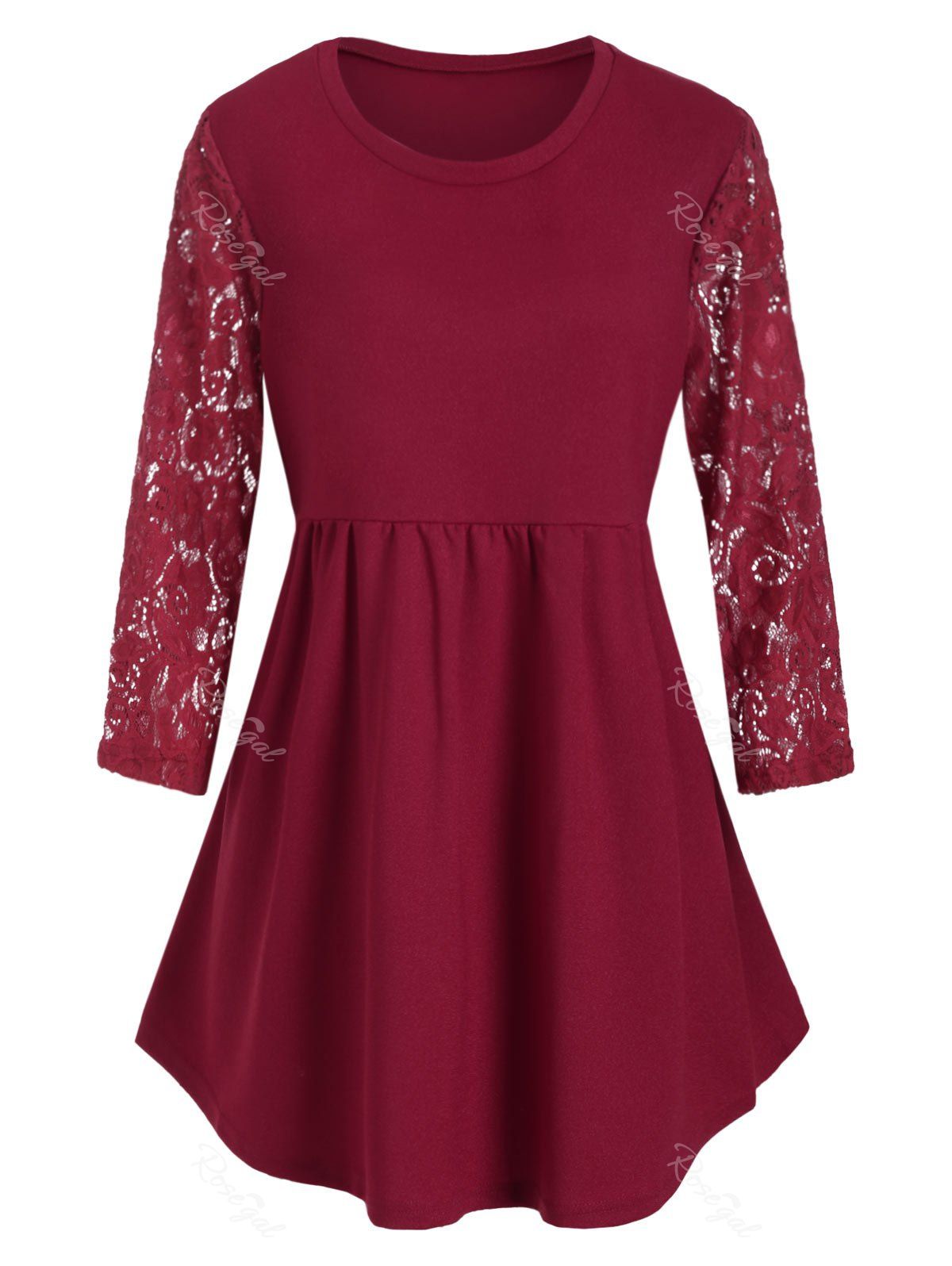 

Plus Size Lace Insert Longline T-shirt, Red wine