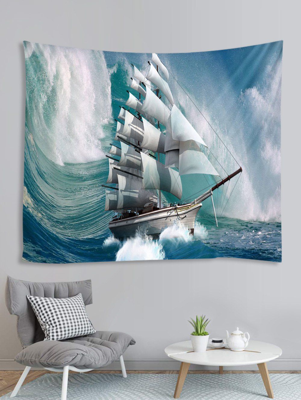 

Ocean Wave Ship Print Tapestry Wall Hanging Art Decoration, Multi-a