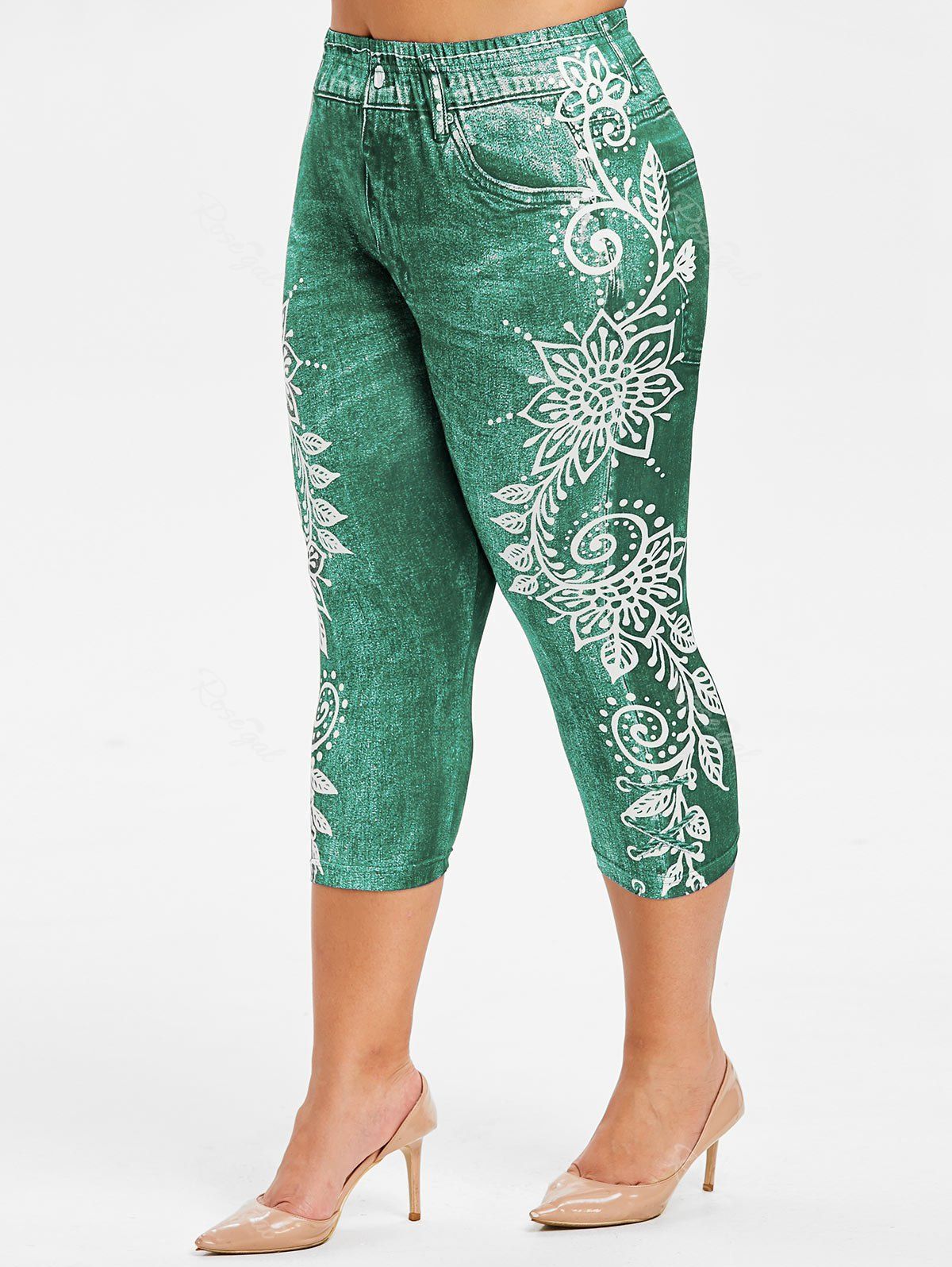 

Plus Size Side Flower Faux Jean Capri 3D Leggings, Pine green