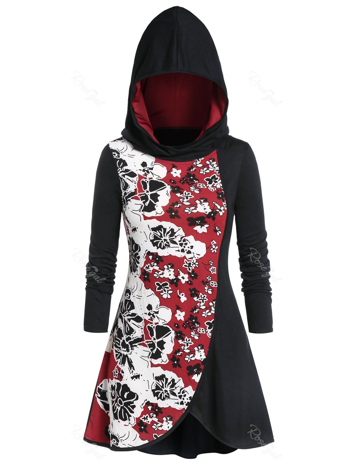 Plus Size Hooded Spliced Floral Print T-shirt, Black