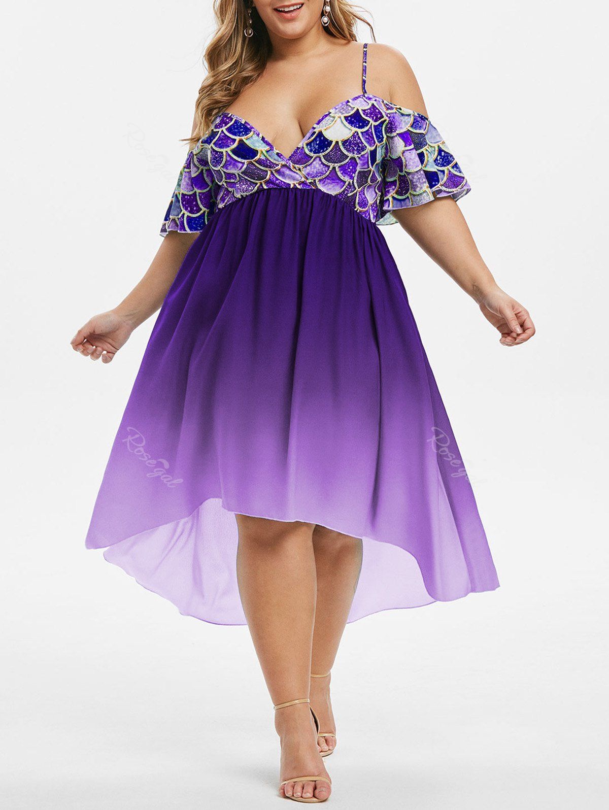 

High Low Mermaid Scales Cold Shoulder Plus Size Dress, Purple