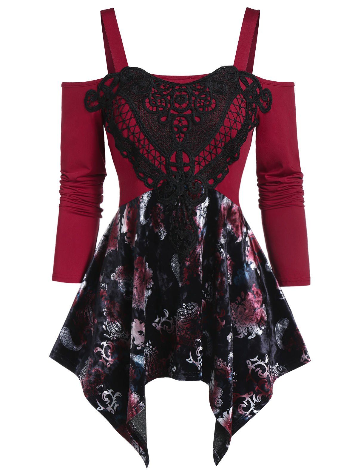 

Asymmetrical Applique Open Shoulder T Shirt, Red wine