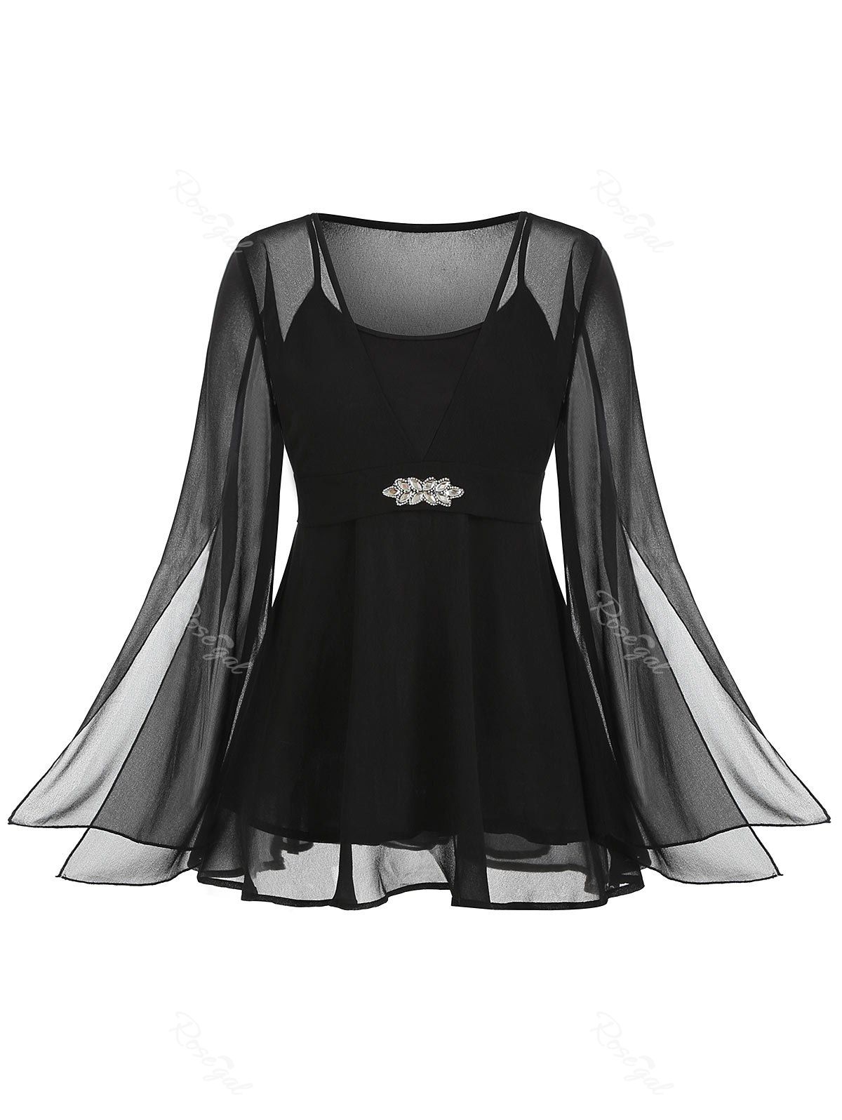 

Plus Size Split Sleeve Rhinestone Peplum Blouse, Black