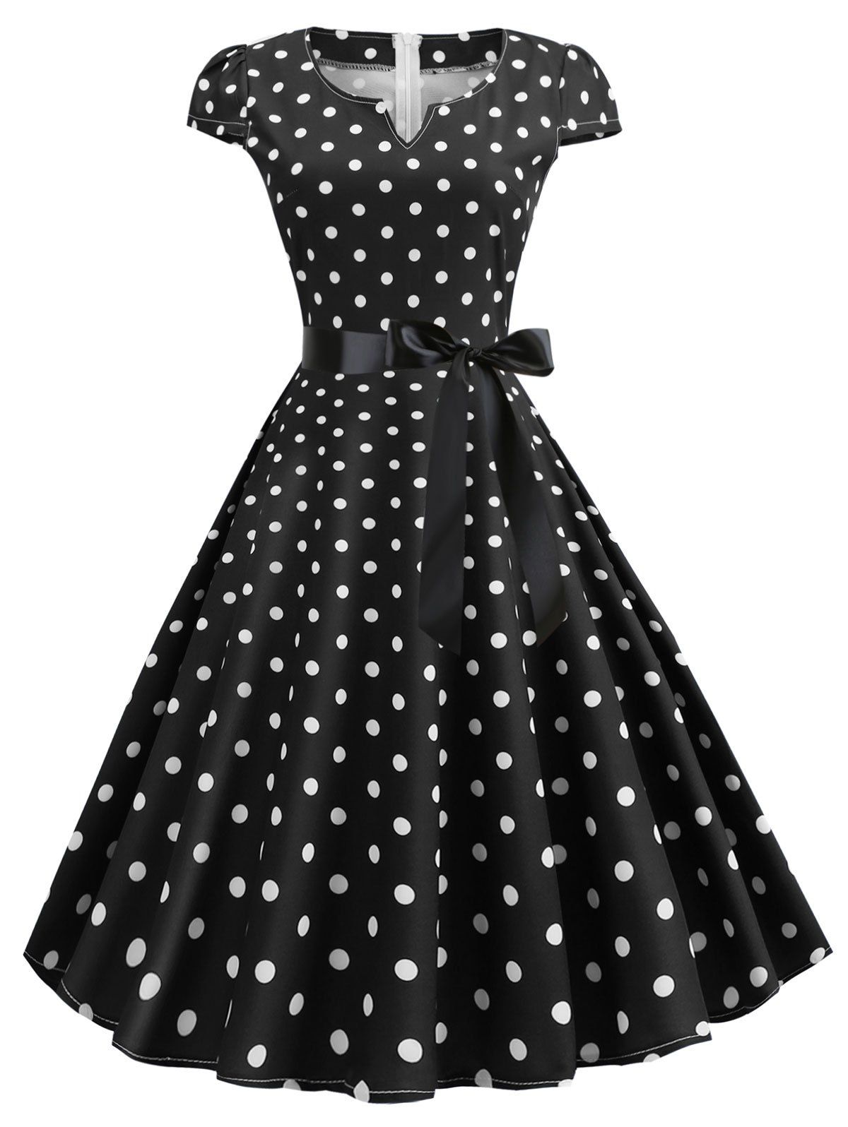 

V Cut Polka Dot Party Dress, Black