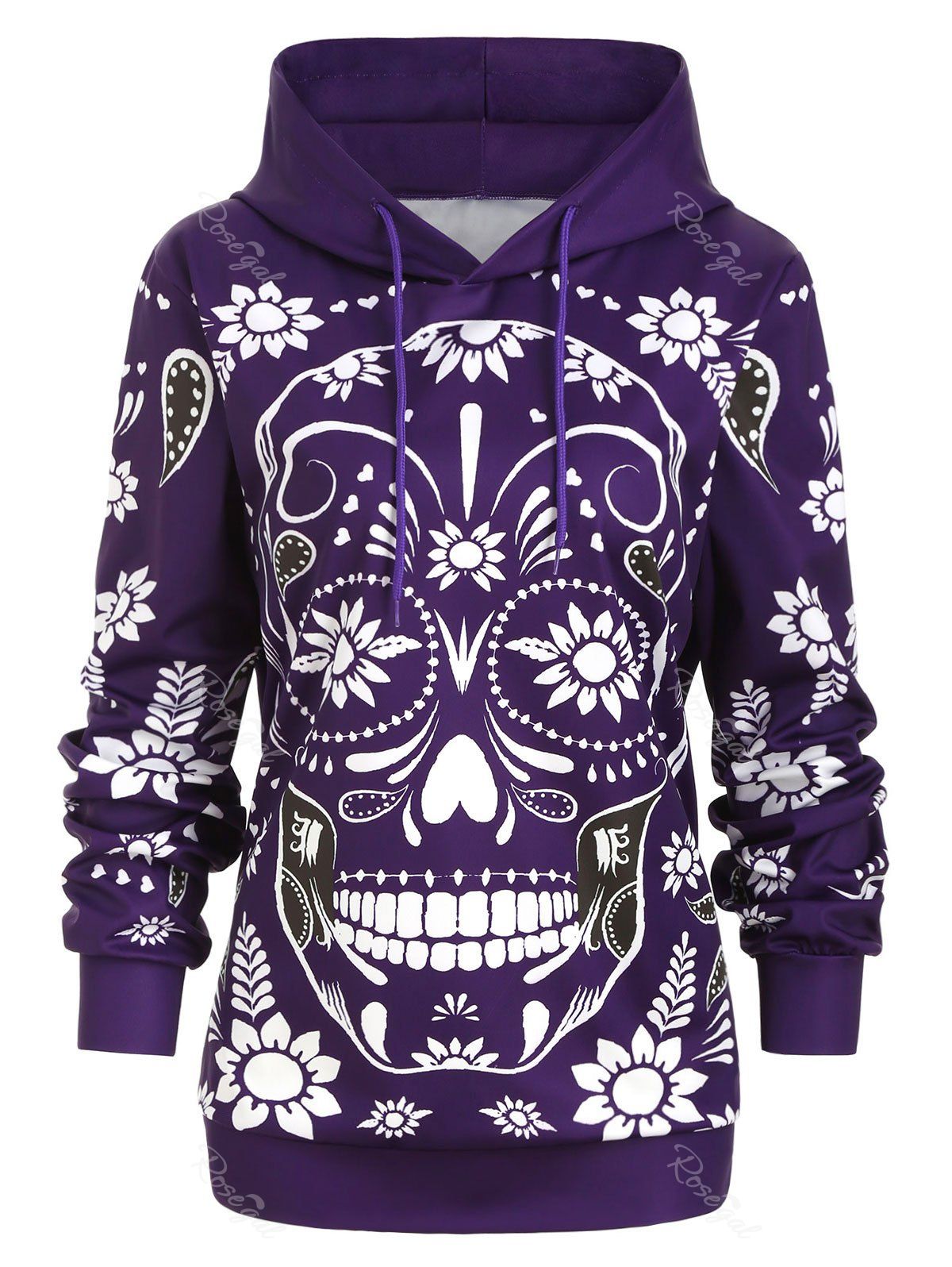

Plus Size Floral Skull Print Halloween Hoodie, Purple