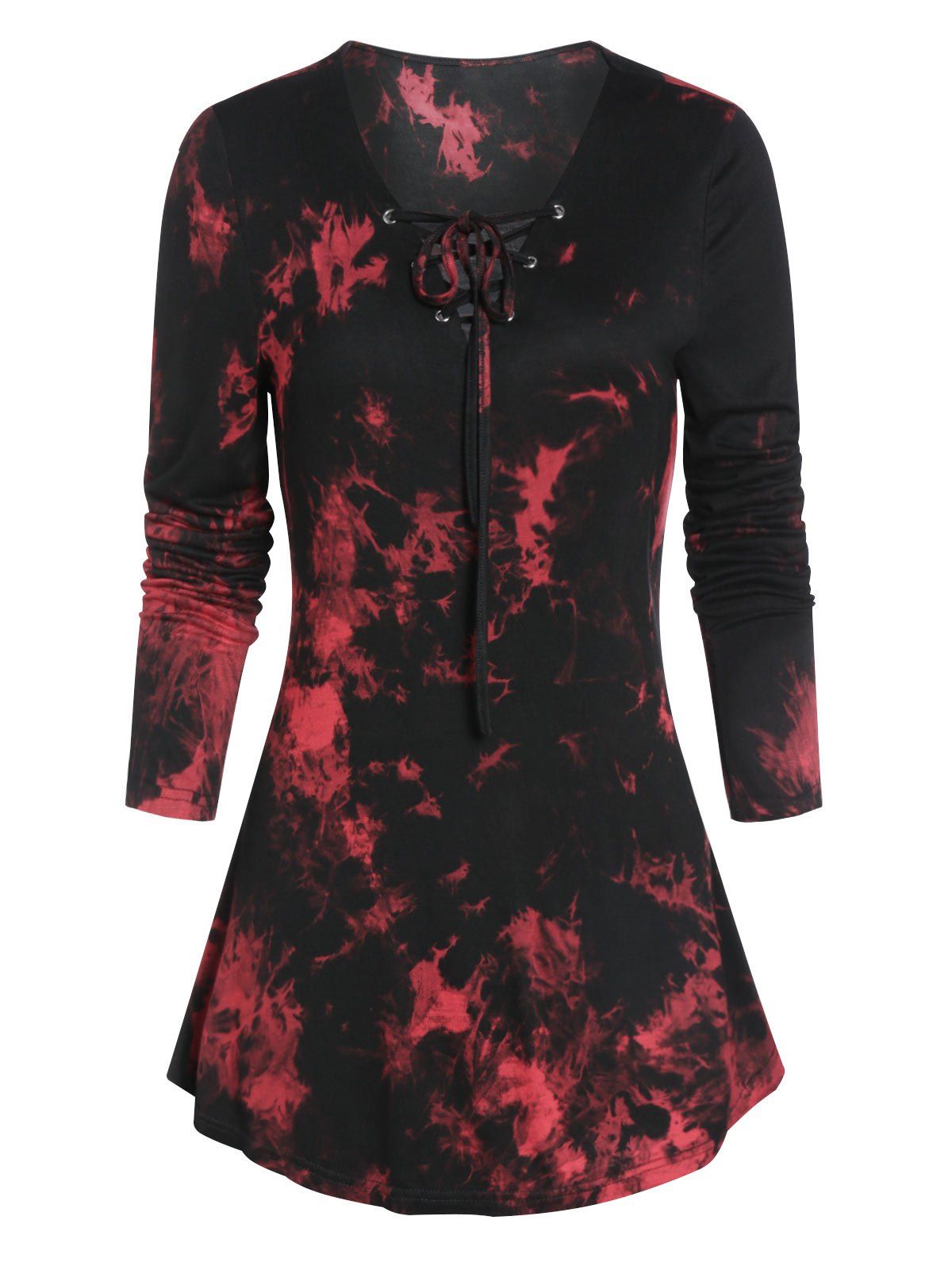 

Tie Dye Print Lace-up Curved Hem V Neck T-shirt, Firebrick