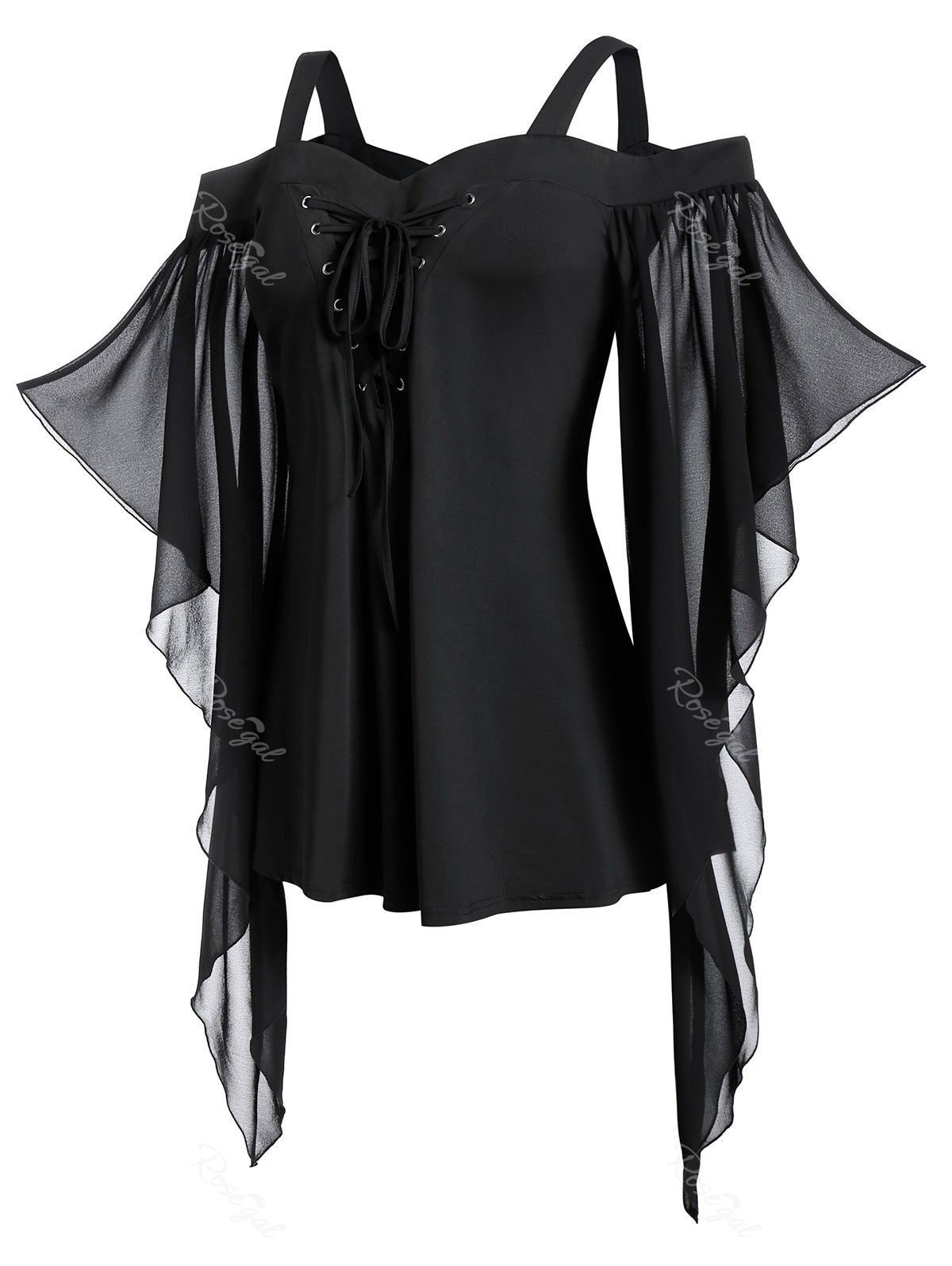 

Plus Size Lace Up Butterfly Sleeve Halloween Gothic T-shirt, Black