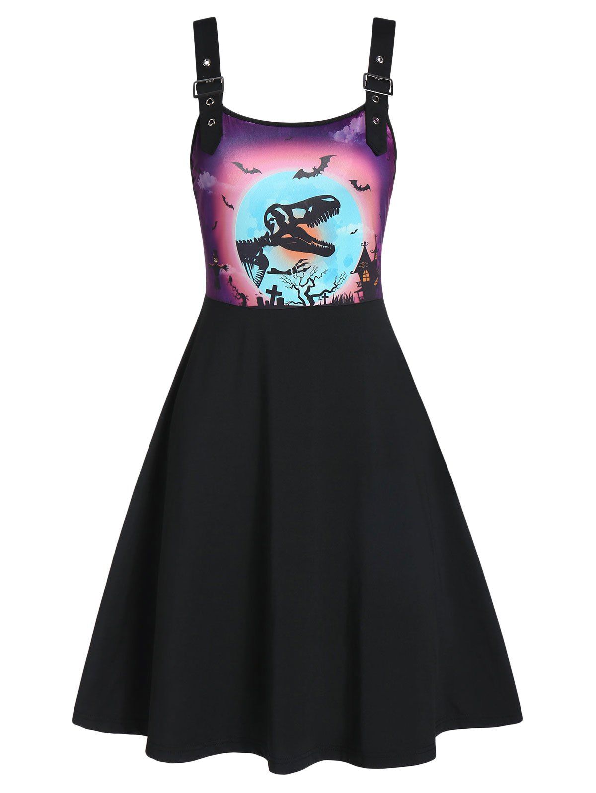 

Halloween 3D Bat Dinosaur Print Buckle Dress, Black