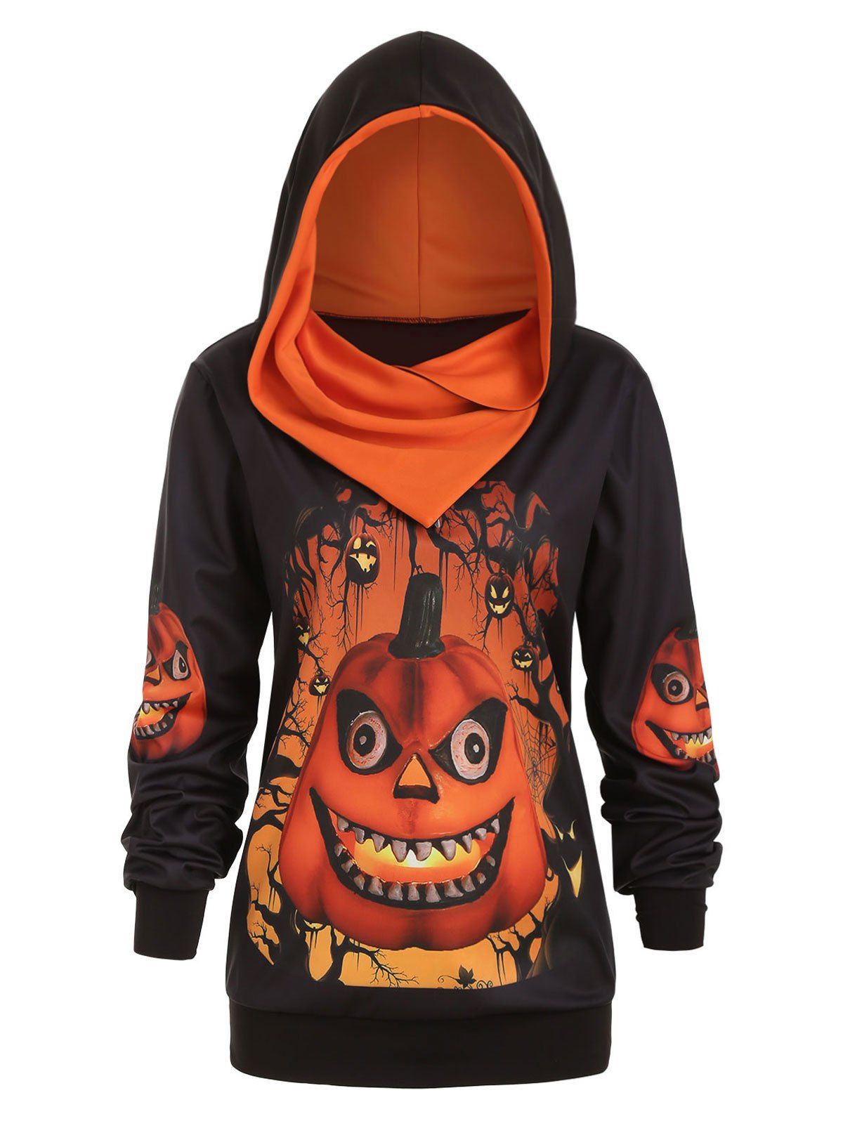 Outfit Plus Size Convertible 3D Pumpkin Print Gothic Halloween Hoodie  