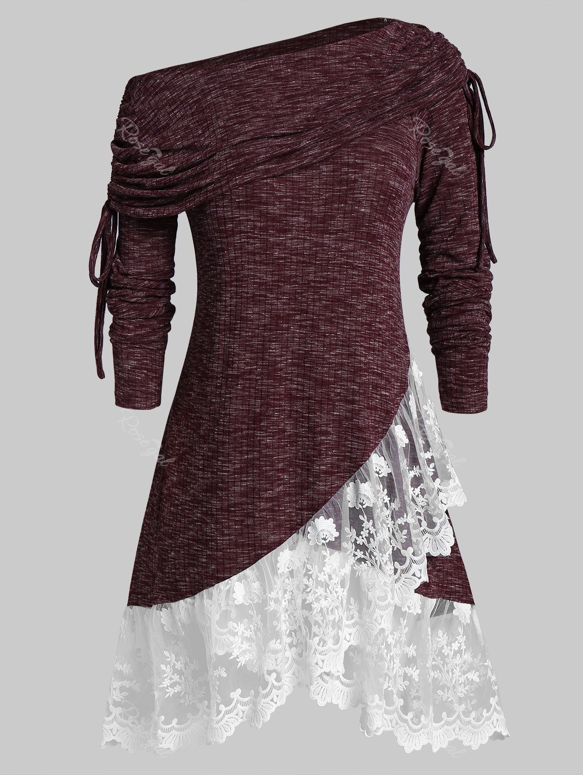 

Plus Size Foldover Lace Hem Marled Skew Neck Knitwear, Red wine
