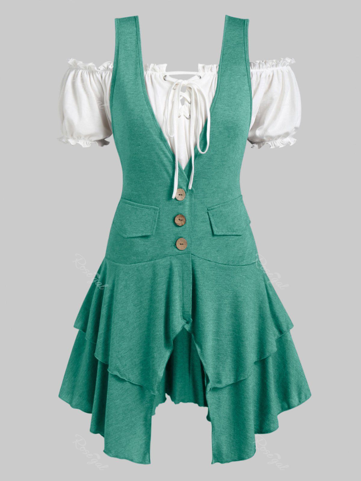 

Plus Size Off Shoulder Peplum Blouse And Asymmetrical Layered Tank Top, Dark turquoise