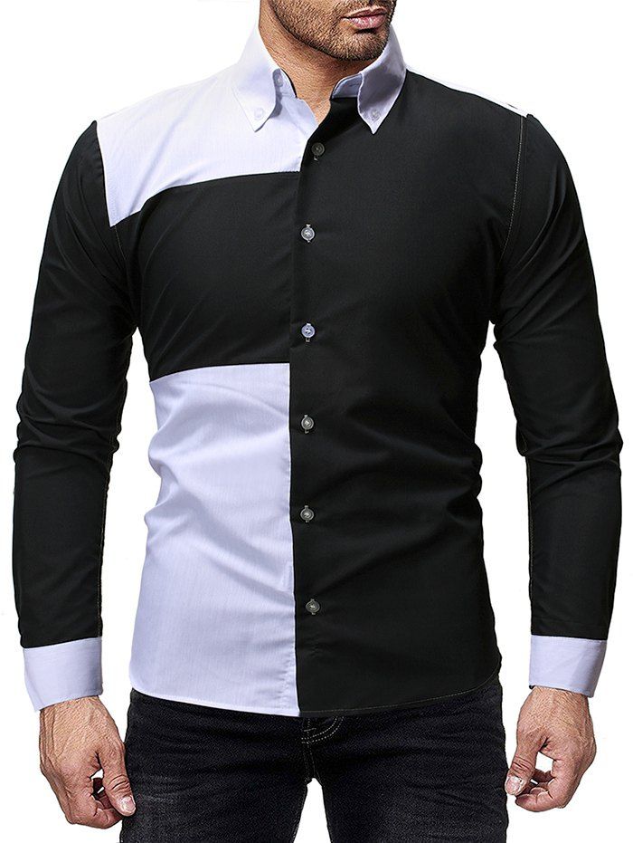 

Two Tone Patch Button Up Casual Shirt, Black