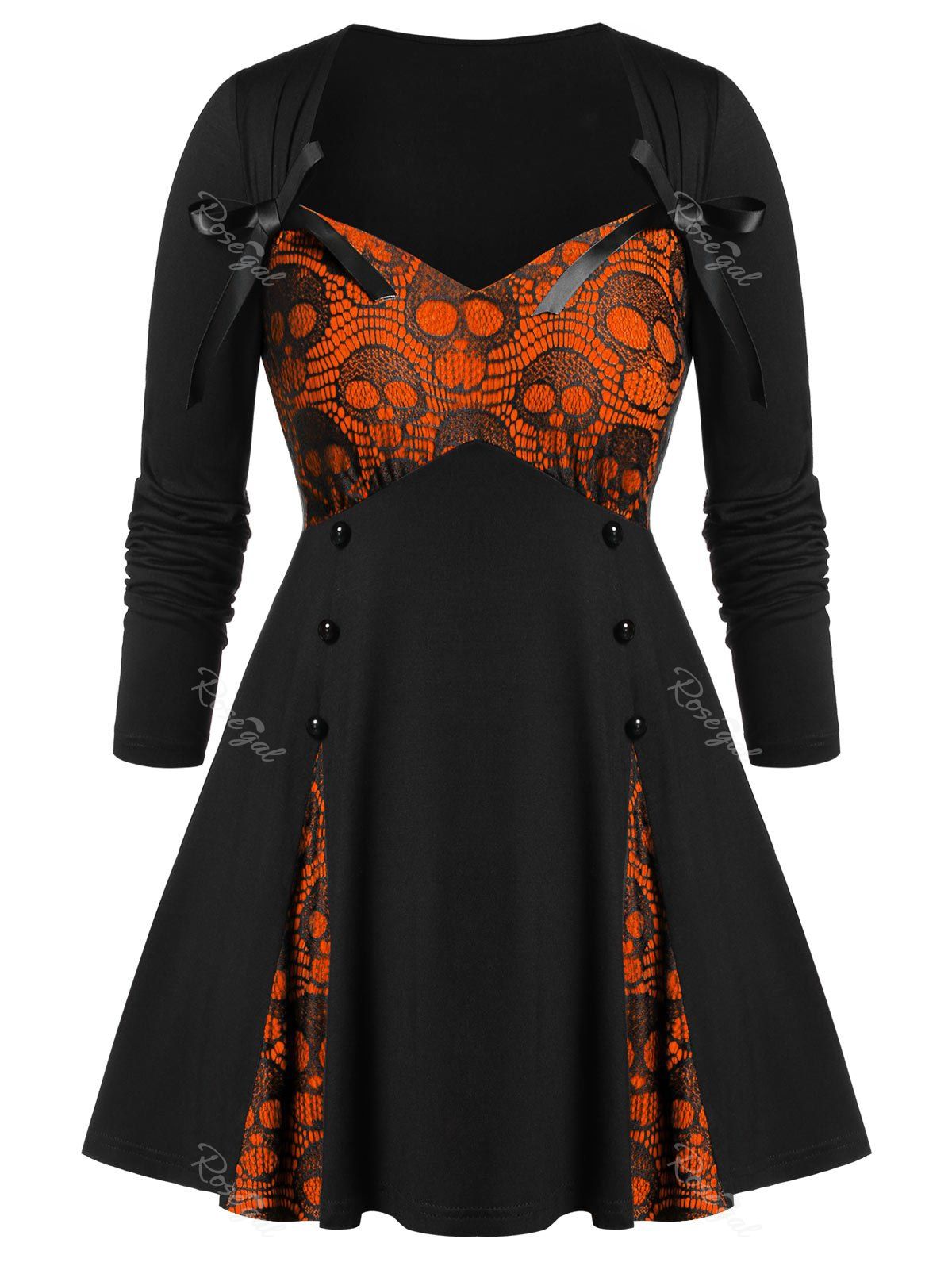 

Plus Size Sweetheart Neck Skull Print Long Sleeve T Shirt, Mahogany