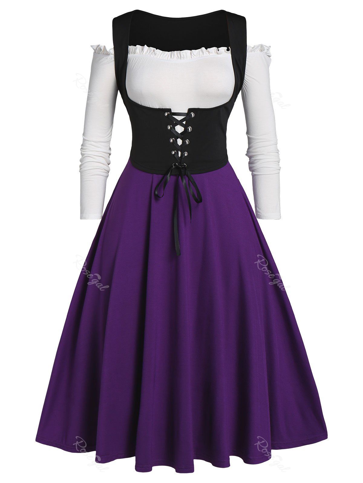 

Plus Size Two Tone Frilled Dress and Lace Up Waistcoat Set, Purple