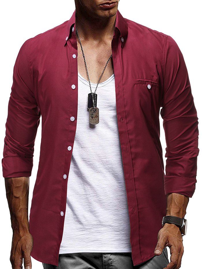 

Plain Faux Pocket Design Button Up Shirt, Red wine