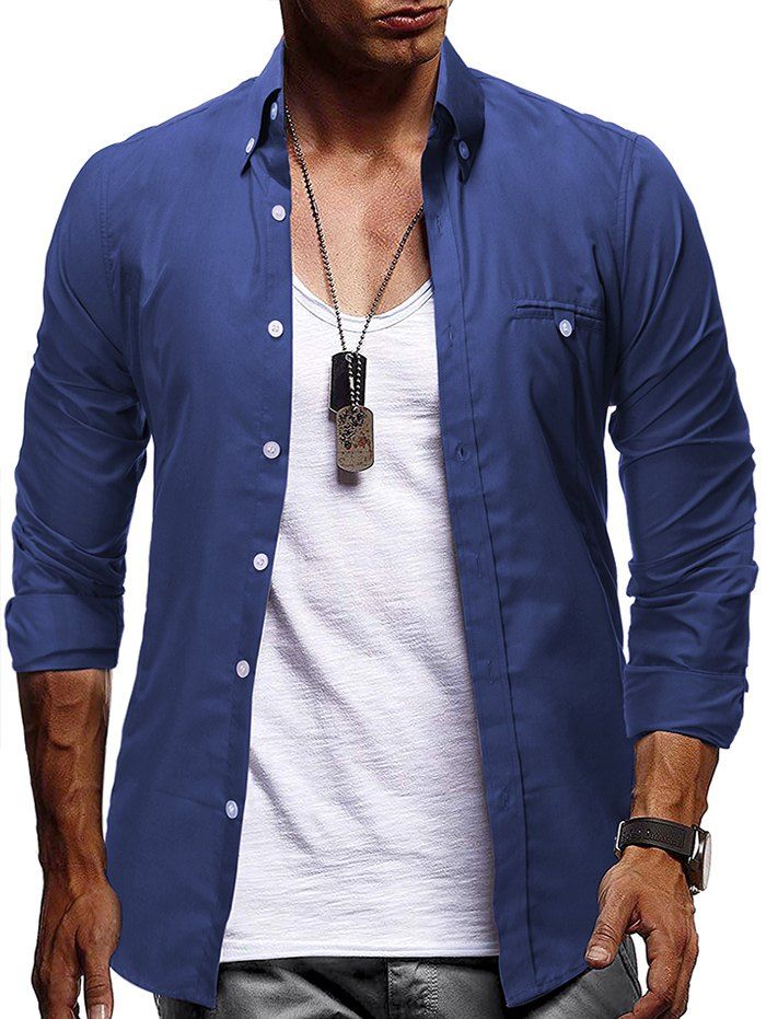 

Plain Faux Pocket Design Button Up Shirt, Cadetblue