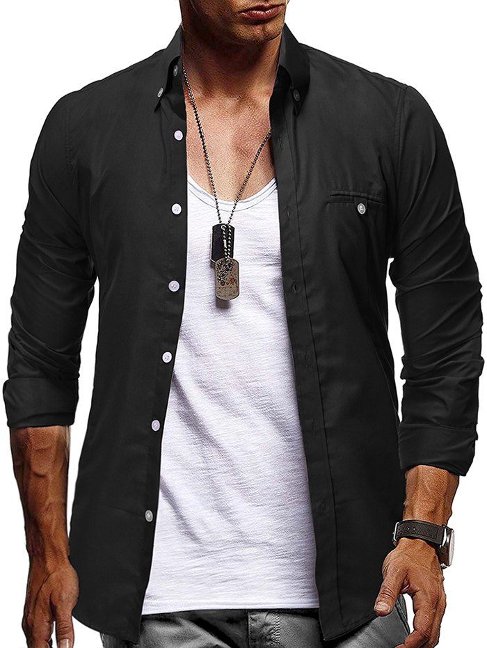 

Plain Faux Pocket Design Button Up Shirt, Black