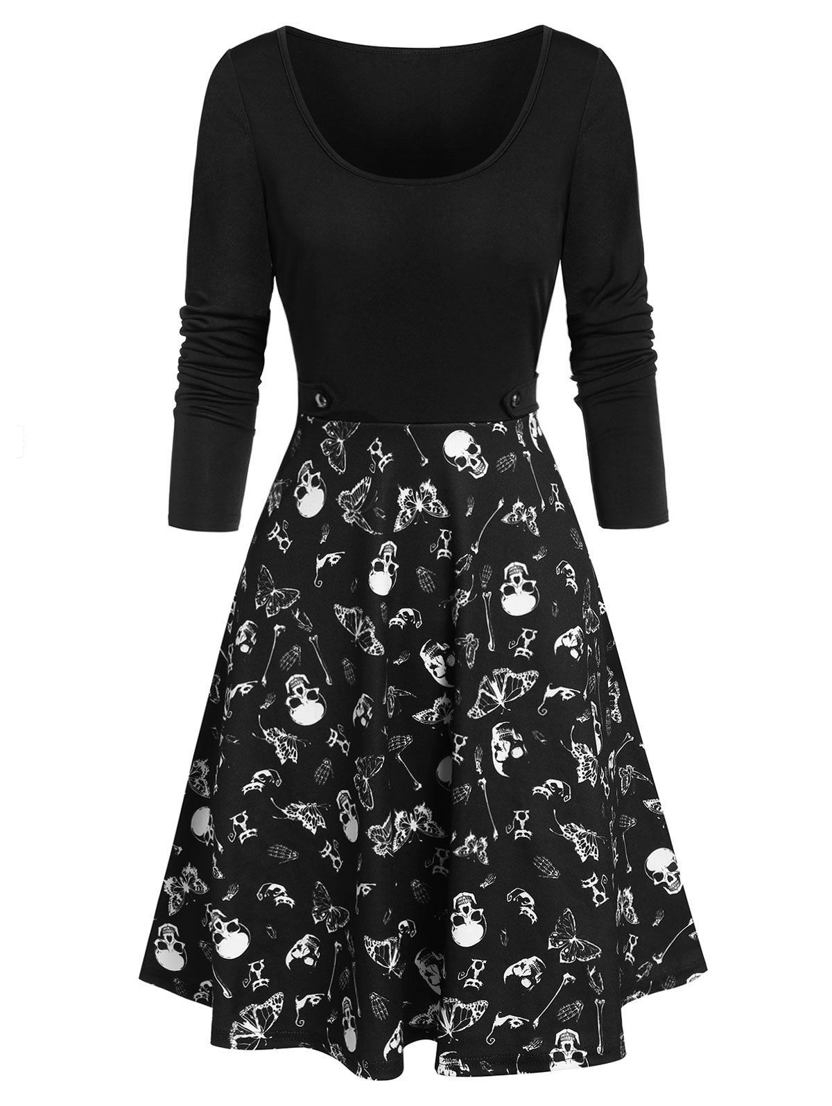 

Halloween Skull Skeleton Butterfly Print Dress, Black