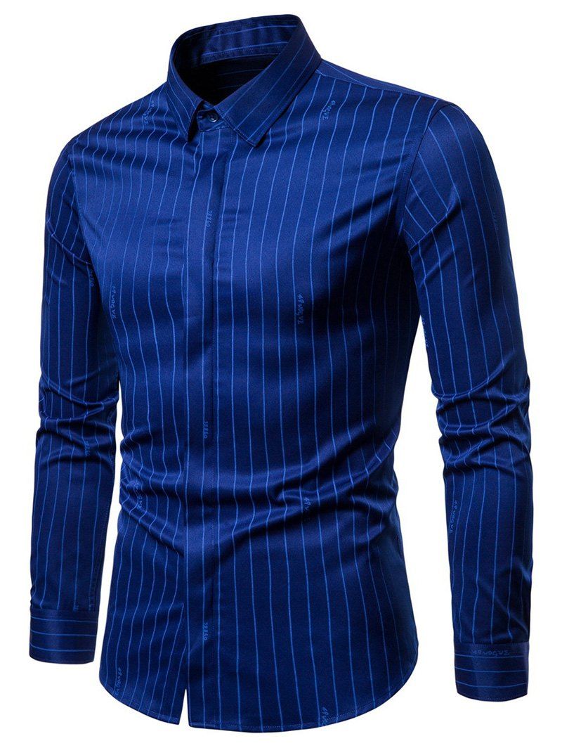 

Letter Graphic Stripes Print Hidded Button Shirt, Blue