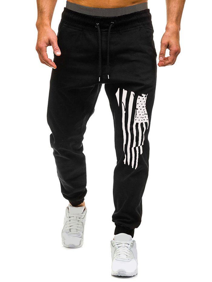 

American Flag Graphic Drawstring Jogger Pants, Black