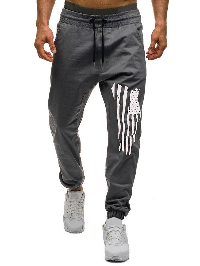 

American Flag Graphic Drawstring Jogger Pants, Gray