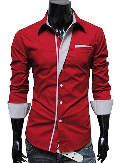 

Pinstriped Trim Pockets Button Up Shirt, Red wine