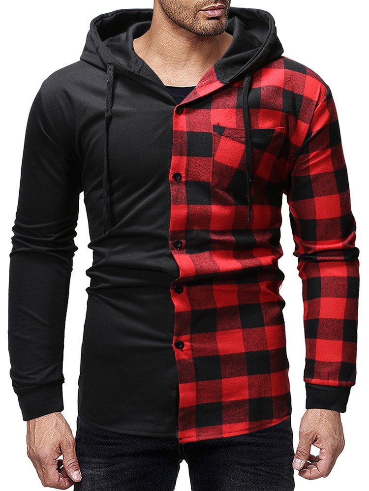 

Contrast Plaid Patch Pockets Hooded Shirt, Lava red