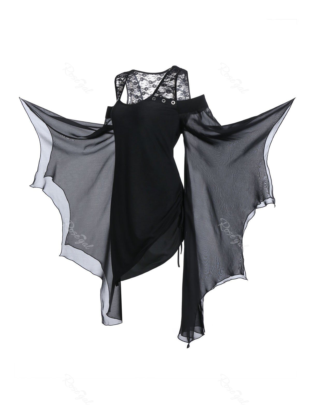 

Plus Size Butterfly Sleeve Open Shoulder Halloween Gothic T-shirt, Black