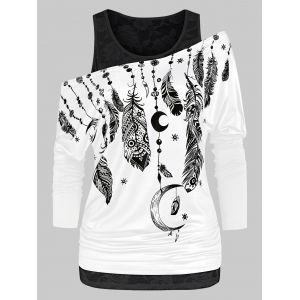 

Feather Print Ruched T Shirt with Solid Tank Top, Milk white