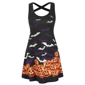 

Halloween Pumpkin Bat Print Sleeveless Dress, Multi