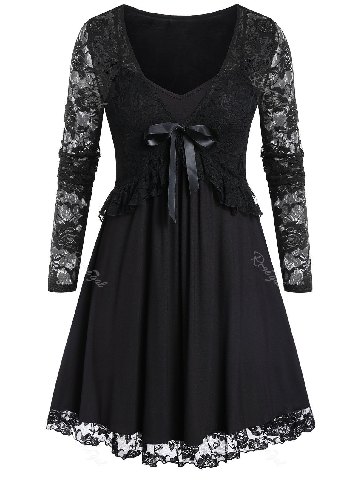 

Plus Size V Neck Tunic Lace Panel T Shirt, Black