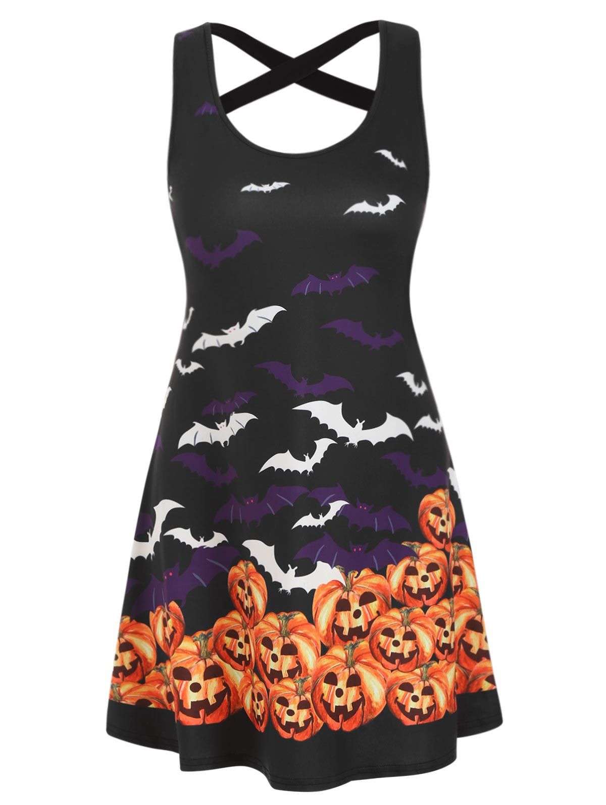 Halloween Pumpkin Bat Print Sleeveless Dress