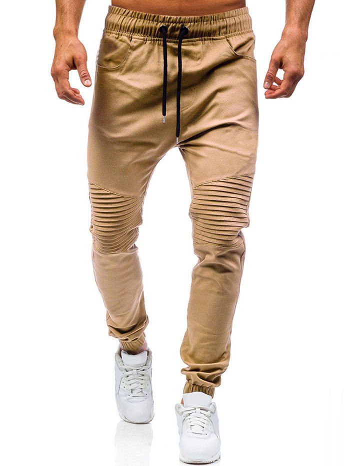 

Pleated Design Plain Drawstring Jogger Pants, Khaki