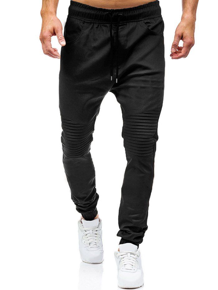 

Pleated Design Plain Drawstring Jogger Pants, Black