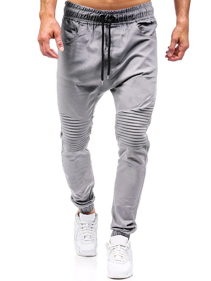 

Pleated Design Plain Drawstring Jogger Pants, Gray